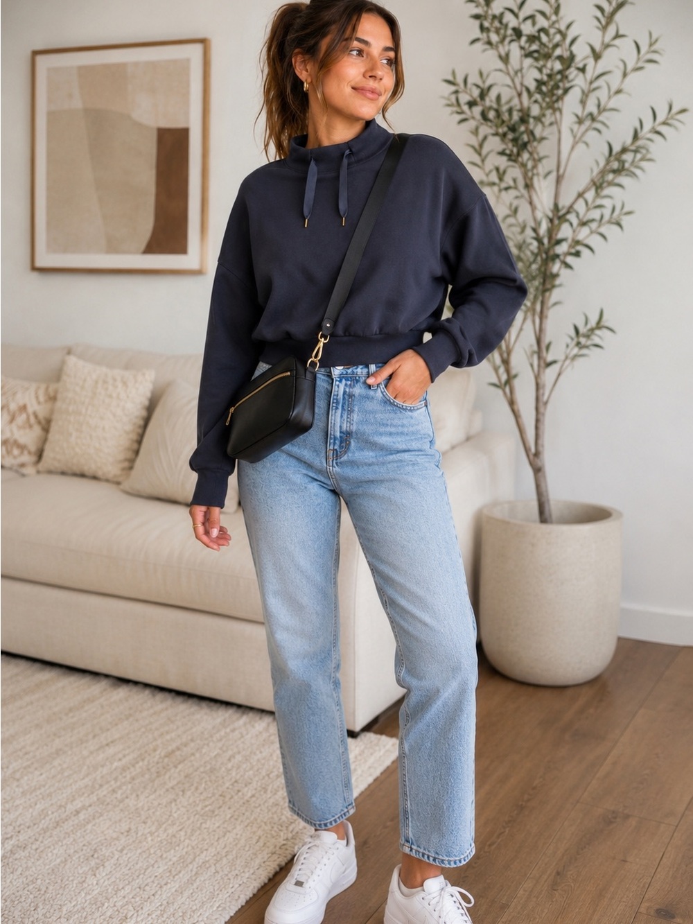 STYLUS Scuba Knit Cropped Mock Neck Sweatshirt Navy Blue XS